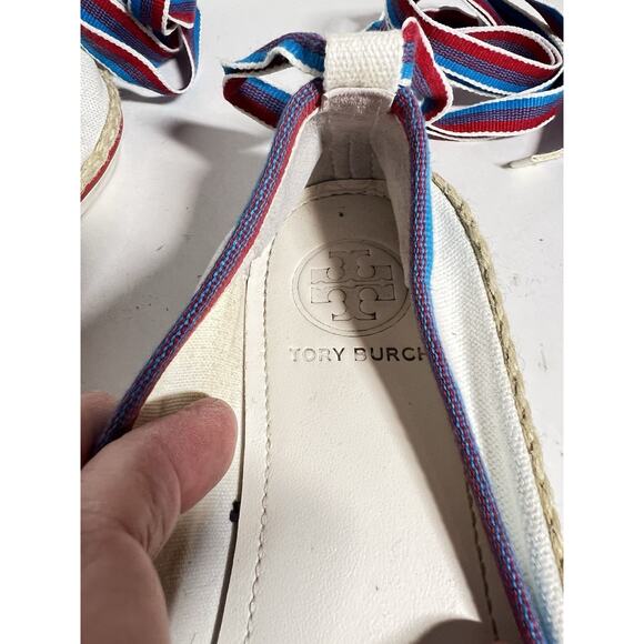 Tory Burch EUC White Canvas 3-D Ballet Espadrille Sneaker Ankle Wrap Toe Shoe 7 - Picture 4 of 7